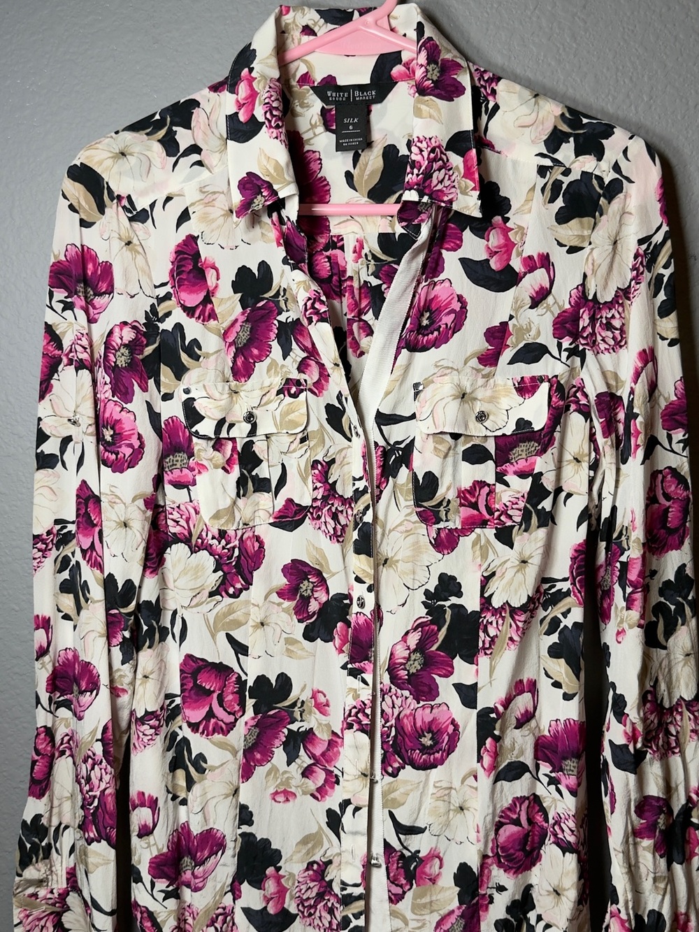 White House Black Market White 100% Silk -Front Shirt Pink Floral Print